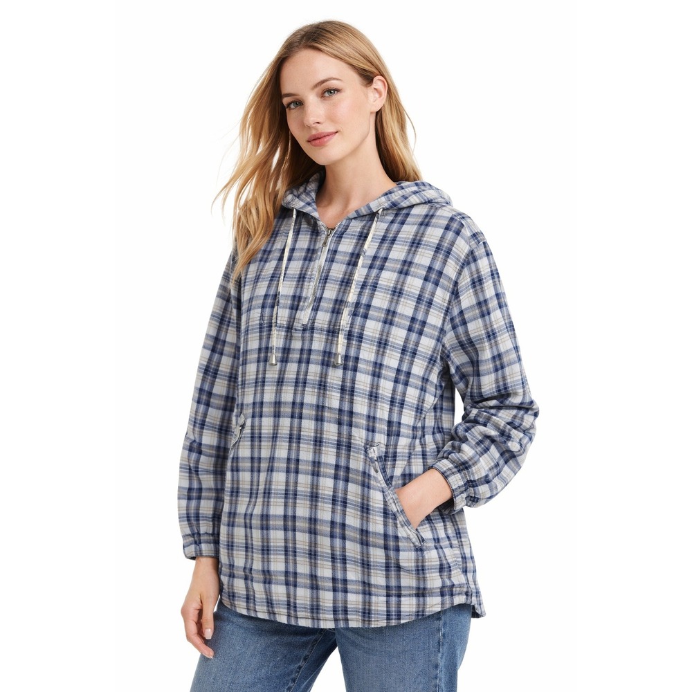 VTG B. Moss Hooded Pullover Women S Blue Plaid 1/4 Zip Utility Jacket Coastal